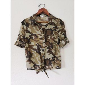 Zenana Camouflage Button Down Sheer Top Tie Front